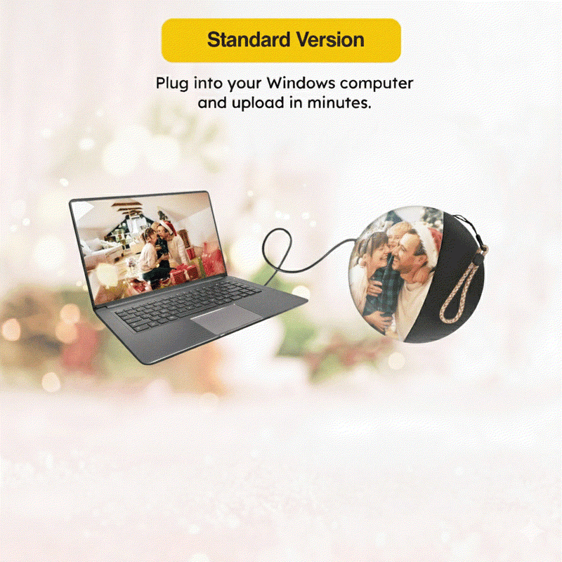 Video Memory Christmas Tree Ornament 3D holographic crystal ball displaying floating family memories uploaded via Windows computer with glowing effect