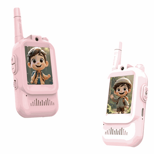 Pink kids walkie talkie with screen, call alert, clear sound, and long-range for indoor and outdoor play.