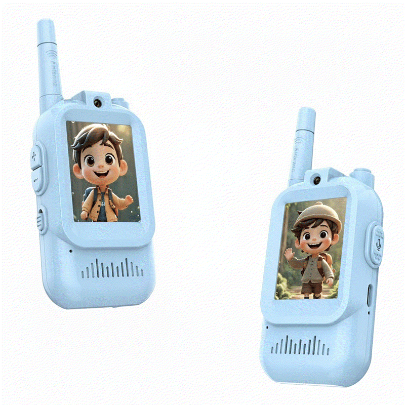 Blue kids walkie talkie with cartoon character display, two-way communication device for children.