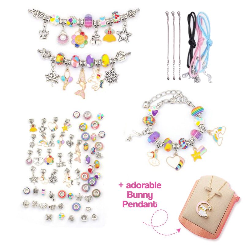 Kids bracelet-making kit with colorful beads, metal spacer beads, snake chains, and bunny pendant for creative gift sets